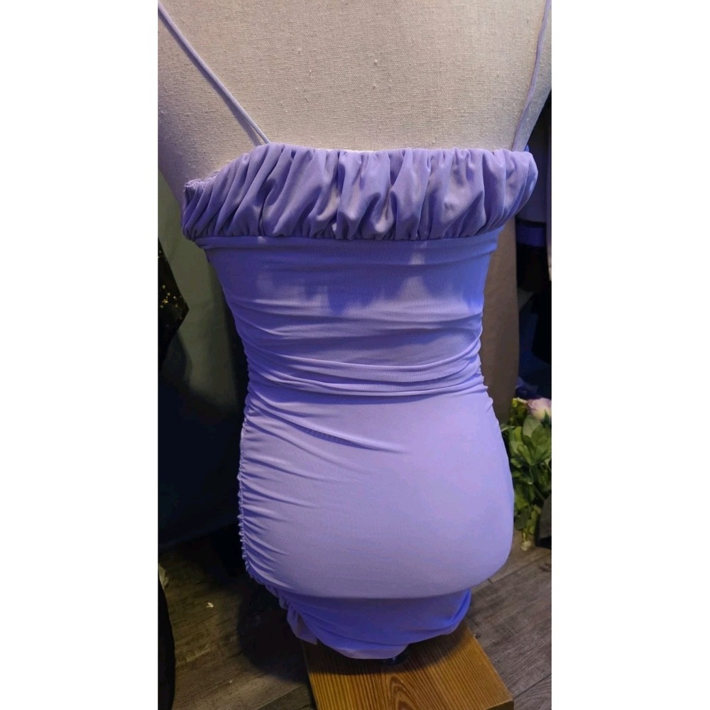 Princess Polly Eco Penney Mini Dress Purple Sz 2 Ruched Mesh Bodycon - Picture 3 of 5